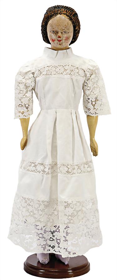 GRöDNERTAL wood doll, c. 1870, painted eyes, carefull: GRöDNERTAL wood doll, c. 1870, painted eyes, carefull carved hair, fabric body, wooden arms with shovel hands, fabric-feet, 51 cm, white cotton clothes German Description GRÖDNERTAL Holz-Puppe, ca. 