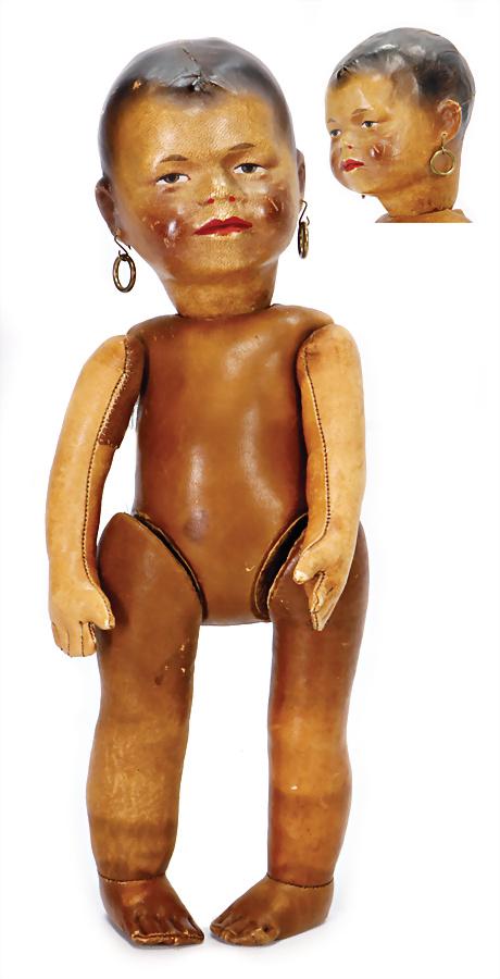baby, in KÄTHE KRUSE style , leather, probably from: baby, in KÄTHE KRUSE style , leather, probably from the '20s, colored, 36 cm, one arm with patch, head is slightly loose, painted hair, painted eyes, unusual, nice painting German Description Baby, i