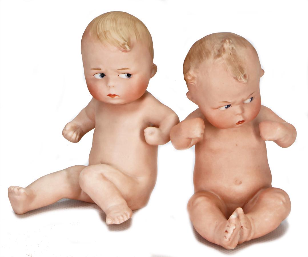 2 pieces, all-bisque, height: 12 cm, angry babies: 2 pieces, all-bisque, height: 12 cm, angry babies German Description 2 Teile, Ganzbiskuit, H: 12 cm, zornige Babys