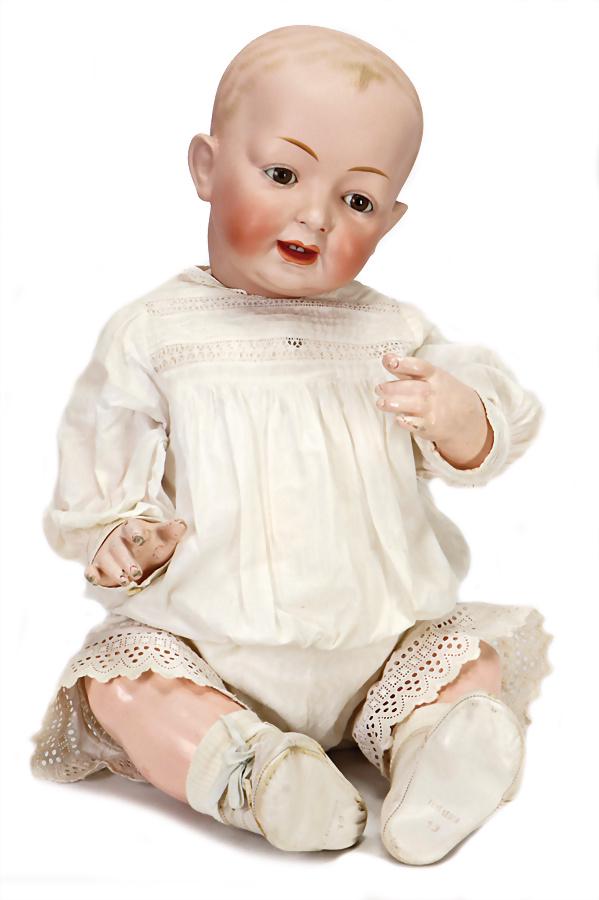 JDK KESTNER bisque porcelain character baby, full head,: JDK KESTNER bisque porcelain character baby, full head, 62 cm (exceptional size), fix inset brown glass eyes, opened mouth, teeth and tongue, baby with sitting body with different postures of han