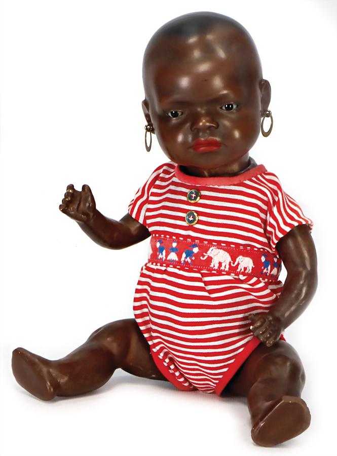 HEUBACH marked 399, colored character baby, squirted: HEUBACH marked 399, colored character baby, squirted porcelain, 32 cm, full head, brown sleepy eyes, closed mouth, pierced ears, please note that it is risky to transport the eye mechanism German Desc
