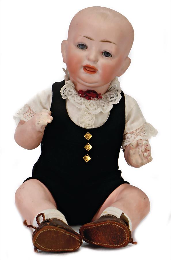 HERTEL, SCHWAB & CO. marked 142, bisque porcelain: HERTEL, SCHWAB & CO. marked 142, bisque porcelain character baby, full head, 29 cm, fix blue glass eyes, opened/closed mouth, intimitated tongue, baby with sitting body, body worn, please note tha