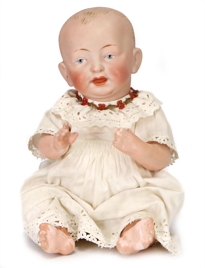 bisque porcelain character baby, not marked, 26 cm,: bisque porcelain character baby, not marked, 26 cm, full head, painted eyes, opened/closed mouth, baby with sitting body with different postures of hands and stick-out toe, old clothes German Descript