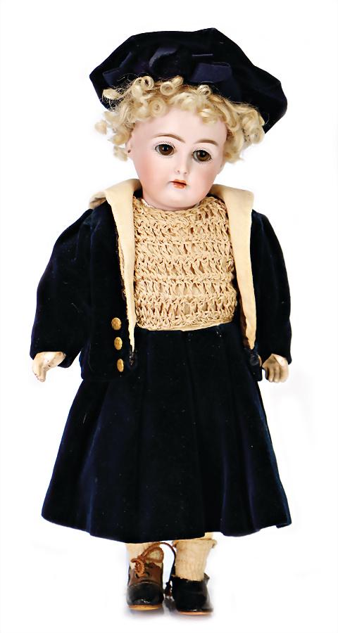 bisque porcelain head doll, marked 199-3 Germany, 26: bisque porcelain head doll, marked 199-3 Germany, 26 cm, brown sleepy eyes, opened mouth, upper teeth, jointed body with fix wrists, old clothes, shoes and socks German Description Biskuit-Porzellanko