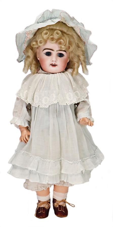 PROBABLY RABÉRY &, DELPHIEU bisque porcelain socket: PROBABLY RABÉRY &, DELPHIEU bisque porcelain socket head, fix inset blue paperweight eyes, opened mouth, line of upper teeth, pierced ears, none marking visible, old underwear old dress, wi