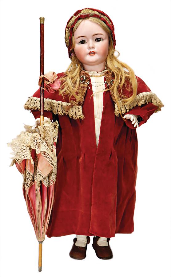 SIMON & HALBIG bisque porcelain head doll, marked: SIMON & HALBIG bisque porcelain head doll, marked W.S.K. 6 SIMON & HALBIG, 76 cm, brown sleepy eyes, opened mouth, upper teeth, jointed body, hands were over painted, body is worn, old clothes