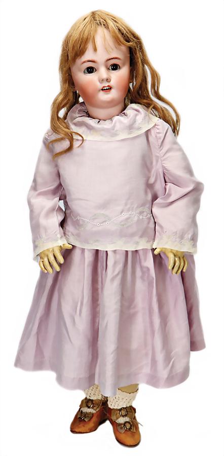 SIMON & HALBIG FOR JUMEAU bisque porcelain head: SIMON & HALBIG FOR JUMEAU bisque porcelain head doll, marked DEP, 78 cm, brown sleepy eyes, opened mouth, upper teeth, French jointed body, 1x over painted, hairline crack at the temple, hardly vi
