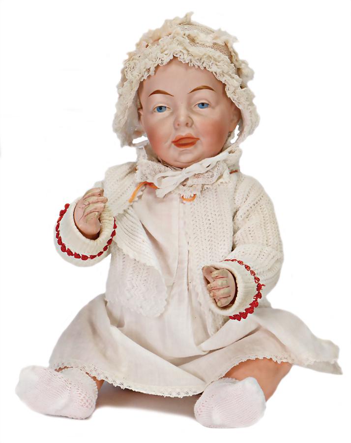 bisque porcelain full head character- baby, marked 4.,: bisque porcelain full head character- baby, marked 4., 32 cm, blue painted eyes, opened/closed mouth, baby with sitting body, worn hands, old clothes German Description Biskuit-Porzellan-Vollkopf-Char