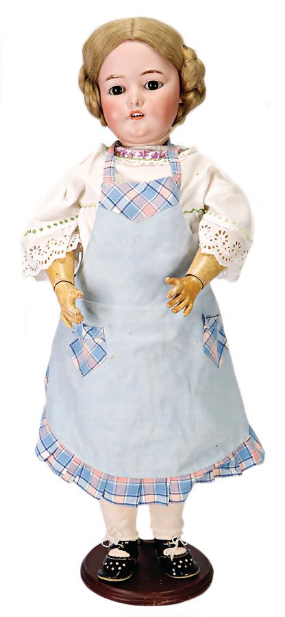FRANZ SCHMIDT & CO. bisque-porcelain head-doll, 70: FRANZ SCHMIDT & CO. bisque-porcelain head-doll, 70 cm, the brown glass eyes were afterwards fix inset , opened mouth, upper teeth, dimple at chin, jointed body, old clothes, 2 fingers were supplem
