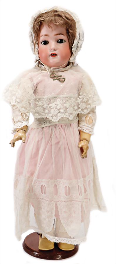 SIMON & HALBIG bisque porcelain head doll,: SIMON & HALBIG bisque porcelain head doll, marked S&C 8, 53 cm, brown sleepy eyes, mohair wig, opened mouth, upper teeth, jointed body, old repaired part at one shin, clothes old or sewed