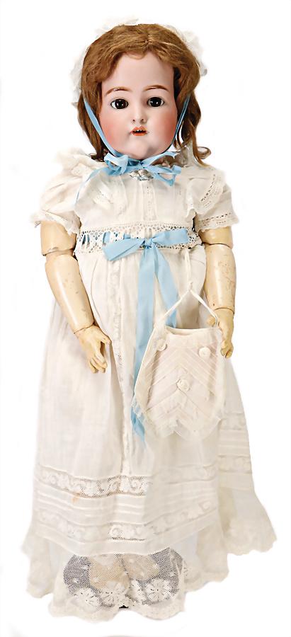 K&R SIMON & HALBIG, bisque porcelain head doll,: K&R SIMON & HALBIG, bisque porcelain head doll, 75 cm, bisque socket head, brown sleepy eyes, opened mouth, upper teeth, jointed body, 1 finger is bleached out, old clothes, old mohair wig Ger