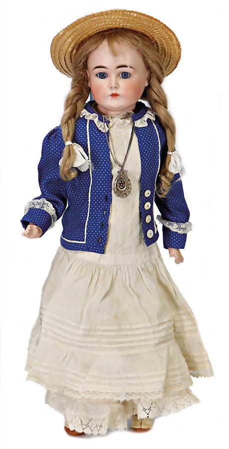 PROBABLY KESTNER bisque shoulder headed doll, 52 cm,: PROBABLY KESTNER bisque shoulder headed doll, 52 cm, the blue glass eyes were afterwards fix inset , closed mouth, dimple at chin, head is slightly bent to the side , leather body, porcelain forearms,