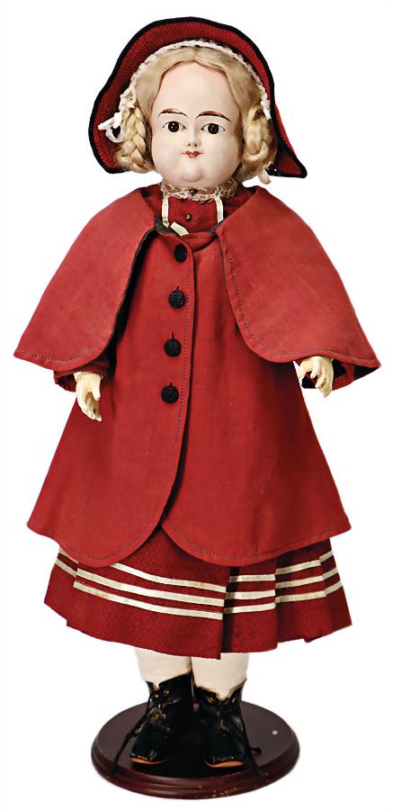 exceptional papier mâché full head doll, 56 cm, fix: exceptional papier mâché full head doll, 56 cm, fix inset brown paperweight eyes, closed mouth, modelled ears, mohair wig, jointed body, old clothes and shoes, c. 1880 German Description Außergew. 