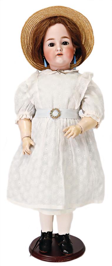 K&R SIMON & HALBIG bisque porcelain head doll,: K&R SIMON & HALBIG bisque porcelain head doll, 70 cm, brown sleepy eyes, opened mouth, upper teeth, dimple at chin, pierced ears, real hair-wig, jointed body, 2 fingers were retouched German D