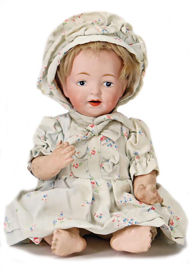 bisque porcelain character doll, 24 cm, Made in Japan,: bisque porcelain character doll, 24 cm, Made in Japan, painted eyes, opened mouth, upper teeth, dimple, baby with sitting body, old mohair wig, losing, old clothes German Description Biskuit-Porzellan