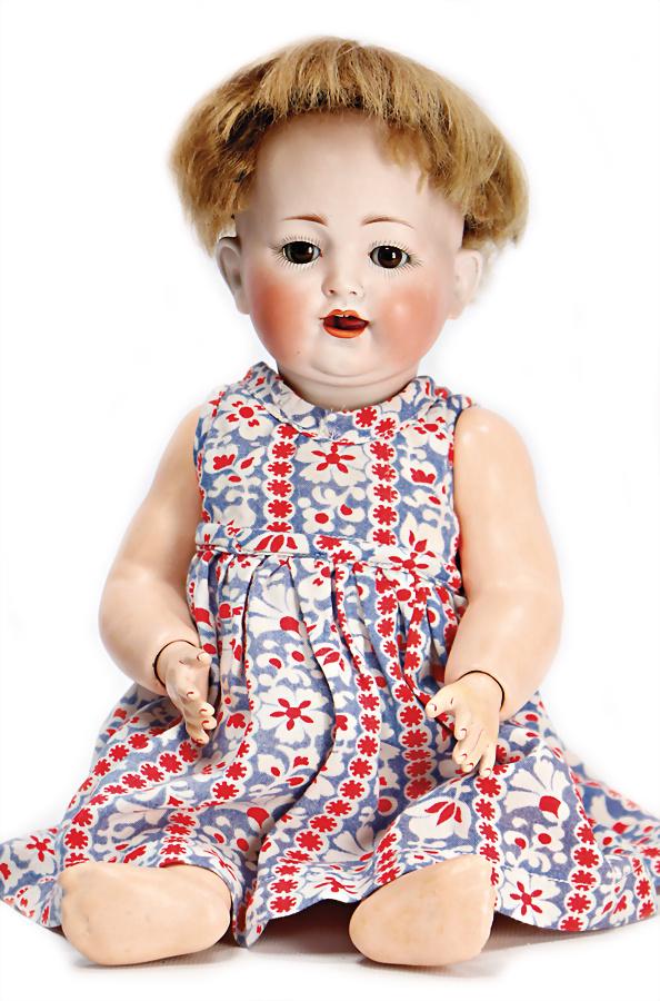 bisque porcelain head doll, marked 4-32, 32 cm, socket: bisque porcelain head doll, marked 4-32, 32 cm, socket head, brown sleepy eyes, opened mouth, teeth and tongue, baby with sitting body with jointed hands, head cover wasn_t removed, please note that i