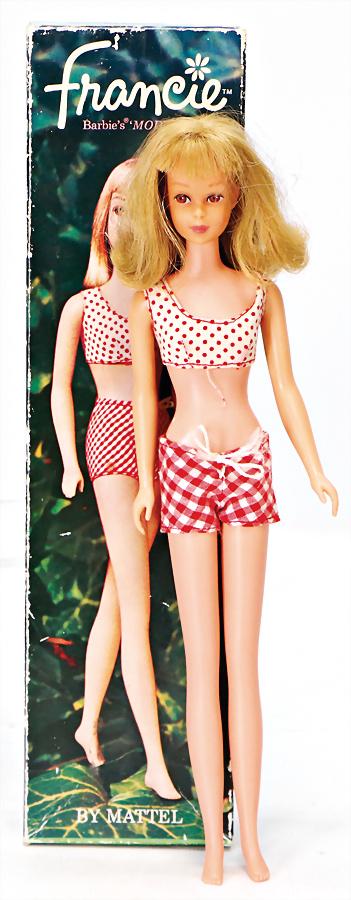 MATTEL Francie, blond, Straight Leg, gemalte Wimpern,: MATTEL Francie, blond, Straight Leg, gemalte Wimpern, in Orig.-Outfit, in Orig.-Box German Description MATTEL Francie, blond, Straight Leg, gemalte Wimpern, in Orig.-Outfit, in Orig.-Box