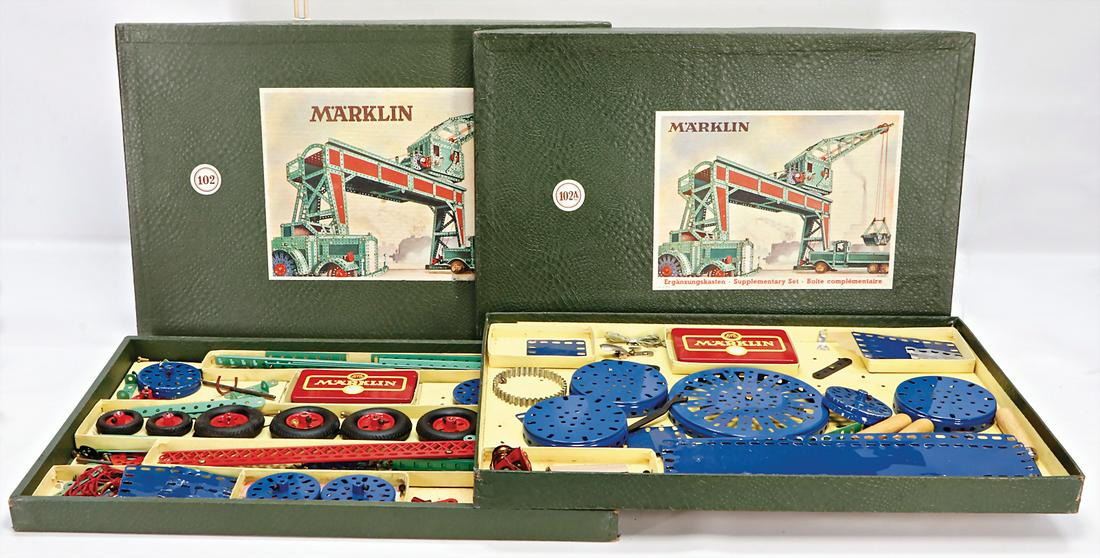 MÄRKLIN 2 Metallbaukästen, auf Vollständigkeit nicht: MÄRKLIN 2 Metallbaukästen, auf Vollständigkeit nicht überprüft, Nr. 102 u. Ergänzungskasten Nr. 102A German Description MÄRKLIN 2 Metallbaukästen, auf Vollständigkeit nicht überprüft, Nr. 1