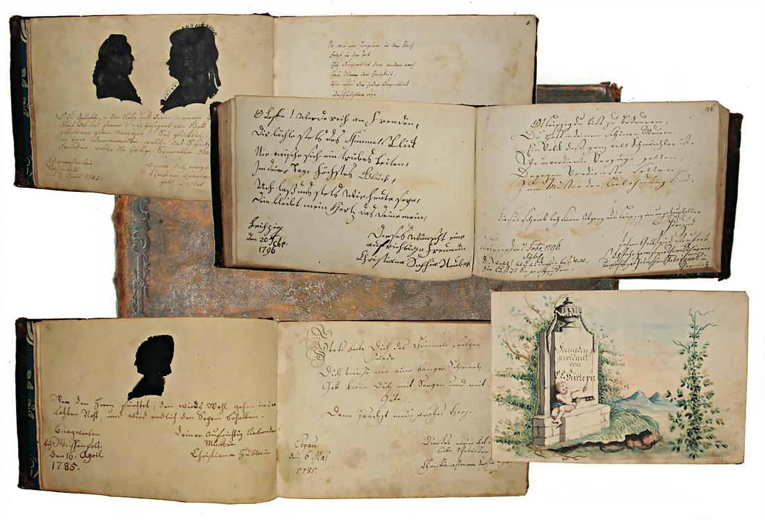 album, with many entries, mostly from Leipzig,: album, with many entries, mostly from Leipzig, 1785-1832, full-pagewatercolor that is typical for this period, 3 silhouettes, with silhouette, in embossed black cardboard frames, middle of the 1