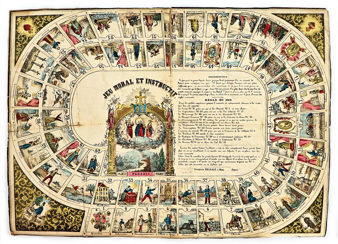 game "Jeu Moral et Instructif", Biedermeier, made of: game "Jeu Moral et Instructif", Biedermeier, made of folded paper, 36 cm x 50 cm, with game guidance on the board, without pieces and box, underlaid with paper German Description Spiel "Jeu Moral et I