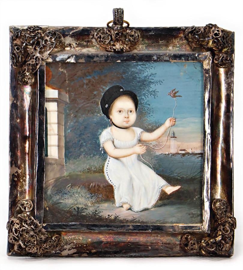small Biedermeier picture, child with bird on the lead, (1 of 3)