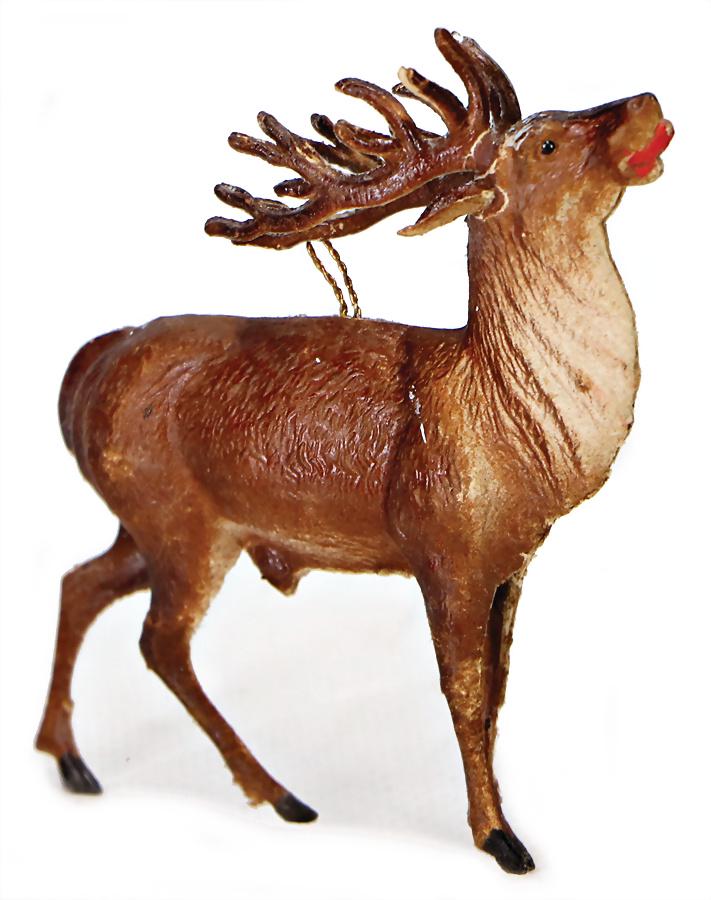 DRESDEN CARDBOARD Christmas tree decoration, belling: DRESDEN CARDBOARD Christmas tree decoration, belling stag, colored, height: 8.5 cm German Description DRESDNER PAPPE Christbaumschmuck, röhrender Hirsch, farbig gefasst, H: 8,5 cm