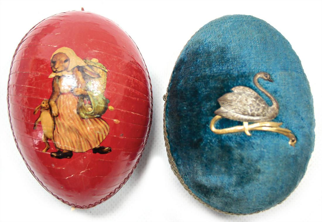 egg-shaped box , cardboard, with blue velvet cover,: egg-shaped box , cardboard, with blue velvet cover, metal mounting, swan, golden braid, on 3 feets, 11 cm, with 1 sweet box, stuck on both sides with paper collage, hare mum with child on red backgr