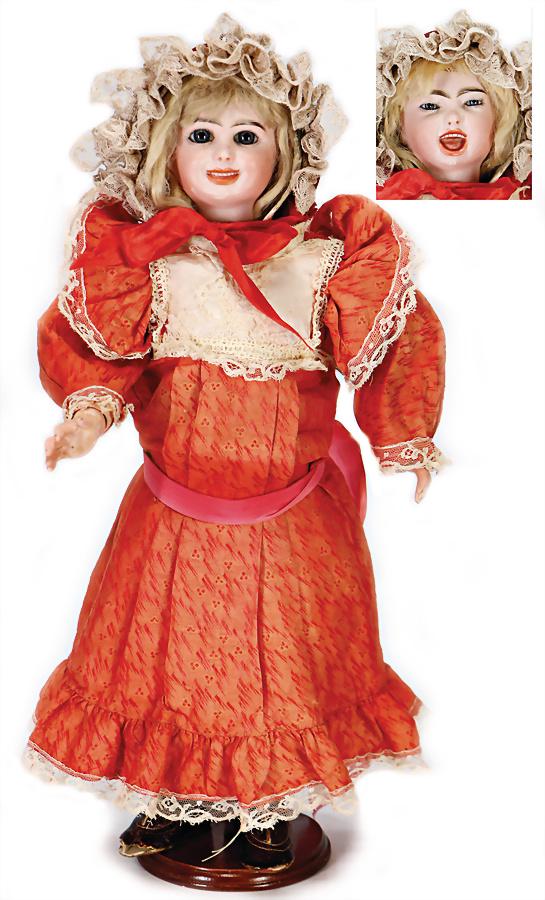 JUMEAU French 2-faces doll, bisque porcelain swivel: JUMEAU French 2-faces doll, bisque porcelain swivel head, 2 different characters, 1x crying child, fix inset paperweight eyes, opened/closed crying mouth, with teeth and tongue, slight abrasion at chi