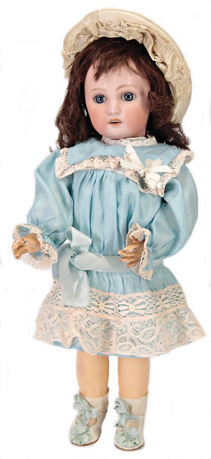 PROBABLY HEUBACH bisque porcelain socket head, fix: PROBABLY HEUBACH bisque porcelain socket head, fix inset blue paperweight eyes, opened mouth, line of upper teeth and with pierced ears, marked 1907-5, French jointed body, 35 cm, clothes are mo