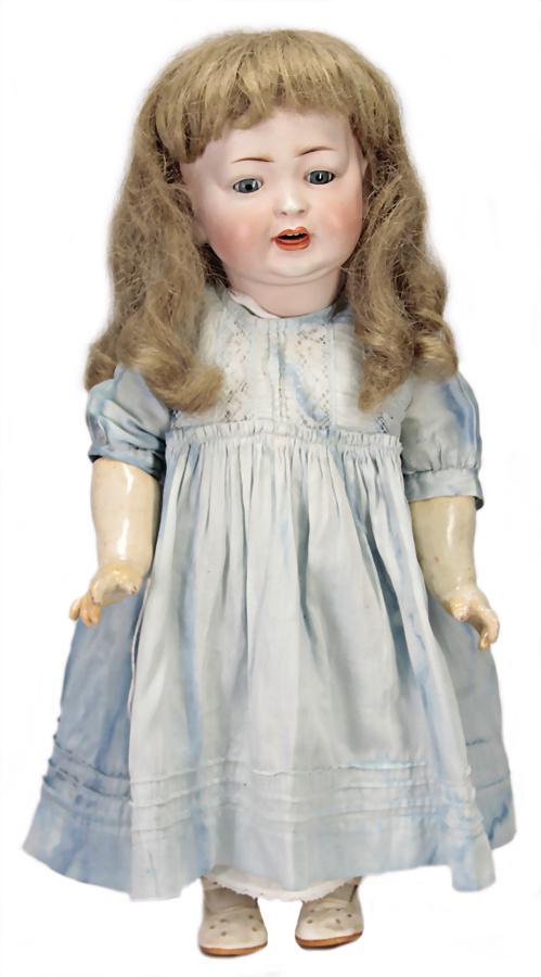 HERTEL, SCHWAB & CO marked 152-11, bisque porcelain: HERTEL, SCHWAB & CO marked 152-11, bisque porcelain character doll, 48 cm, blue sleepy eyes, opened mouth, upper teeth, modelled tongue, cheeks and dimple at chin, Toddler-body, with fix wrists, real 