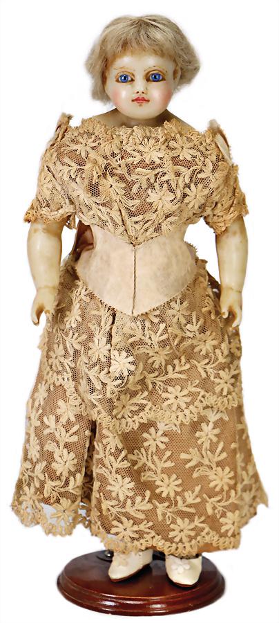 wax shoulder headed doll, 38 cm, fix inset blue glass: wax shoulder headed doll, 38 cm, fix inset blue glass eyes, closed mouth, inset mohair, fabric body, wax arms and legs, clothes old or sewed of old fabric, old underwear German Description Wachs-Brust