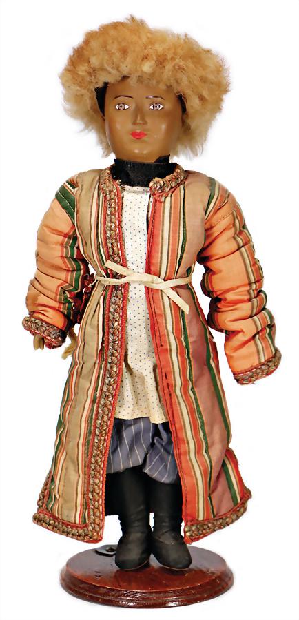 papier mâché socket head doll, manufacturer ?, 38 cm,: papier mâché socket head doll, manufacturer ?, 38 cm, Asian, socket head, painted eyes, closed mouth, up-painted hair, dark colored jointed body, with some flake off parts, nice original clothes, pr