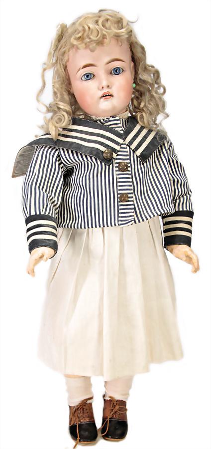 PROBABLY SIMON & HALBIG bisque porcelain socket: PROBABLY SIMON & HALBIG bisque porcelain socket head, marked 192, blue sleepy eyes, opened mouth, line of upper teeth, pierced ears, German jointed body, 58 cm, original plaster cover, old clothes