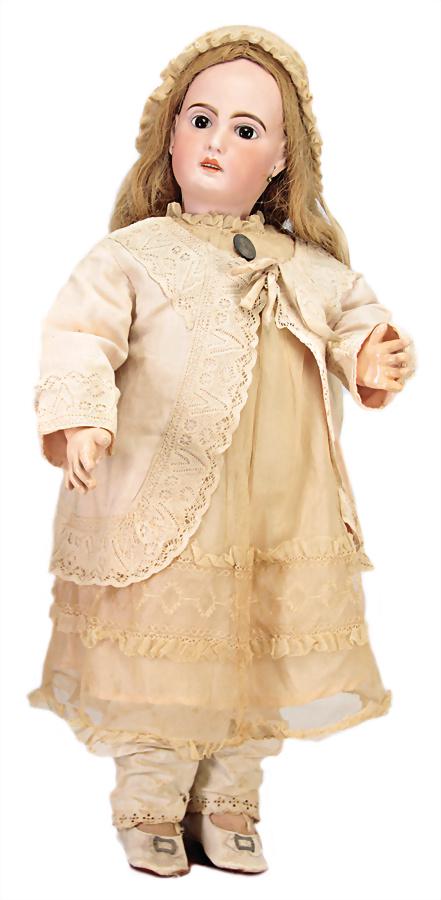 bisque porcelain head doll, marked TÊTÊ-JUMEAU, 66 cm,: bisque porcelain head doll, marked TÊTÊ-JUMEAU, 66 cm, socket head, brown, fix inset glass eyes, opened mouth, upper teeth, pierced ears, French jointed body, old clothes and shoes, head seems to be