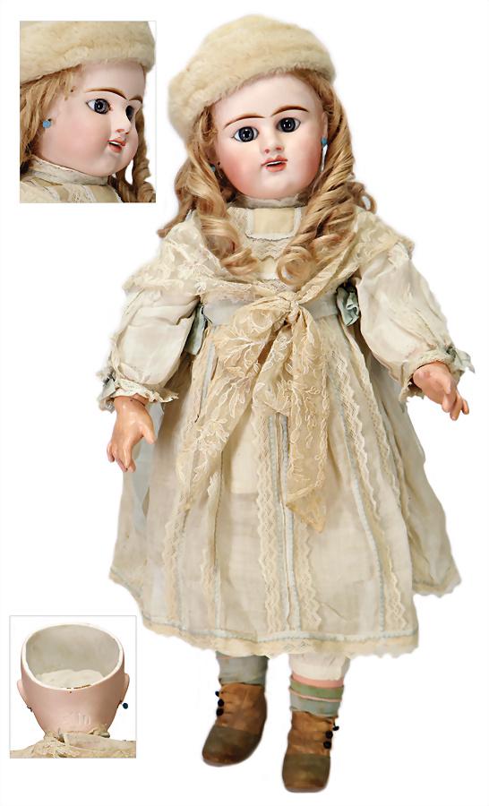 EDEN BÉBÉ marked ED11 deposé, 66 cm, socket head, fix: EDEN BÉBÉ marked ED11 deposé, 66 cm, socket head, fix inset blue glass eyes, opened mouth, upper teeth, pierced ears, real hair wig, more recent, French jointed body, hands 1x painted over, clothes