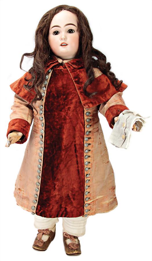 bisque porcelain socket head, marked 758 No. 14, brown: bisque porcelain socket head, marked 758 No. 14, brown sleepy eyes, opened mouth, teeth, pierced ears, French jointed body, hands with massive scratches on the paintwork, old clothes and shoes, more r