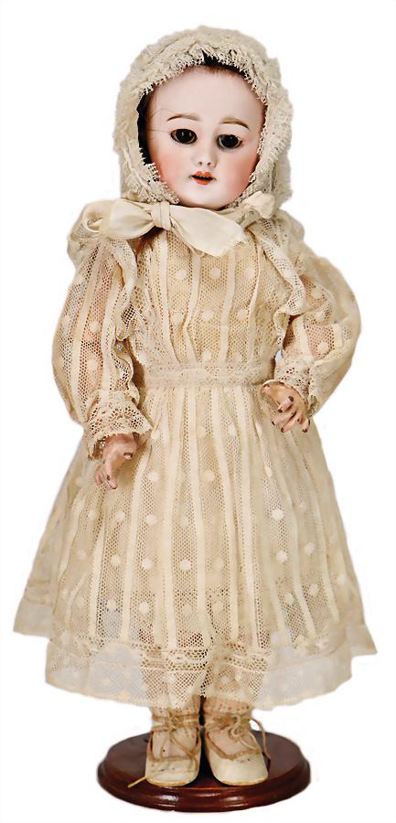 SFBJ bisque porcelain head doll, 38 cm, socket head,: SFBJ bisque porcelain head doll, 38 cm, socket head, brown sleepy eyes, opened mouth, upper teeth, pierced ears, French jointed body, real hair wig, clothes old or sewed of old fabric German Descripti