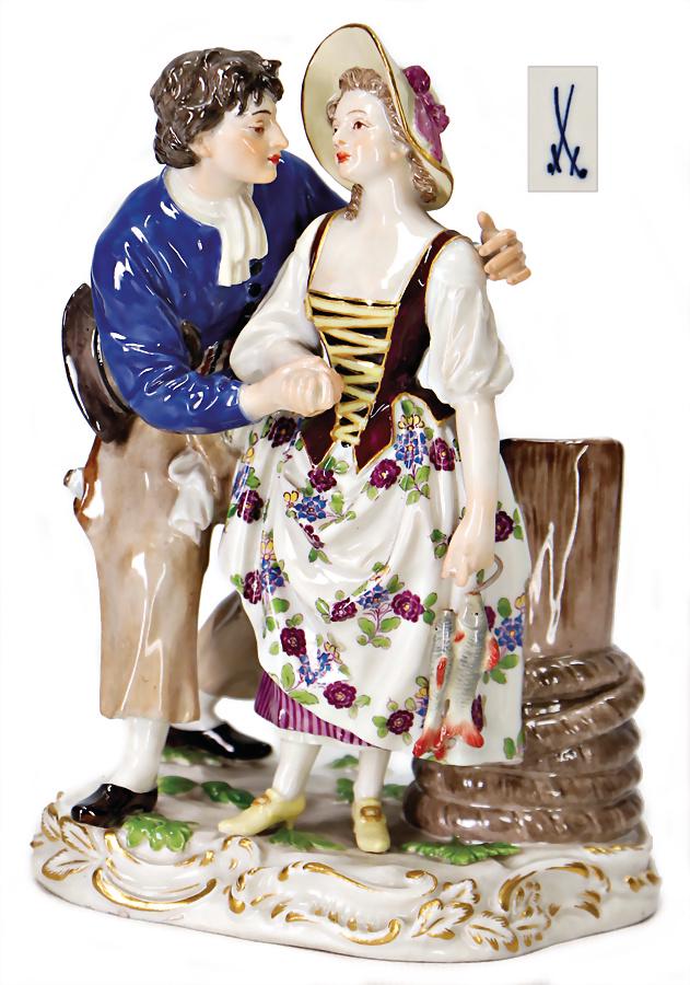 MEISSEN porcelain figure, 18 cm, fisherwoman with young: MEISSEN porcelain figure, 18 cm, fisherwoman with young man, marked crossed swords, No. 89, fine painted German Description MEISSEN Porzellan-Figur, 18 cm, Fischerin mit Jüngling, gem. gekreuzte Schw