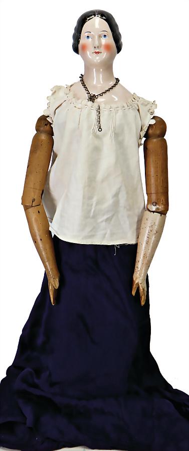 exceptional shoulder headed Biedermeierdoll,: exceptional shoulder headed Biedermeierdoll, China-Head, enameled porcelain, height of head: 17 cm, all in all 62 cm, but legs under the knee joint are missing, jointed wood body, arms are sligh