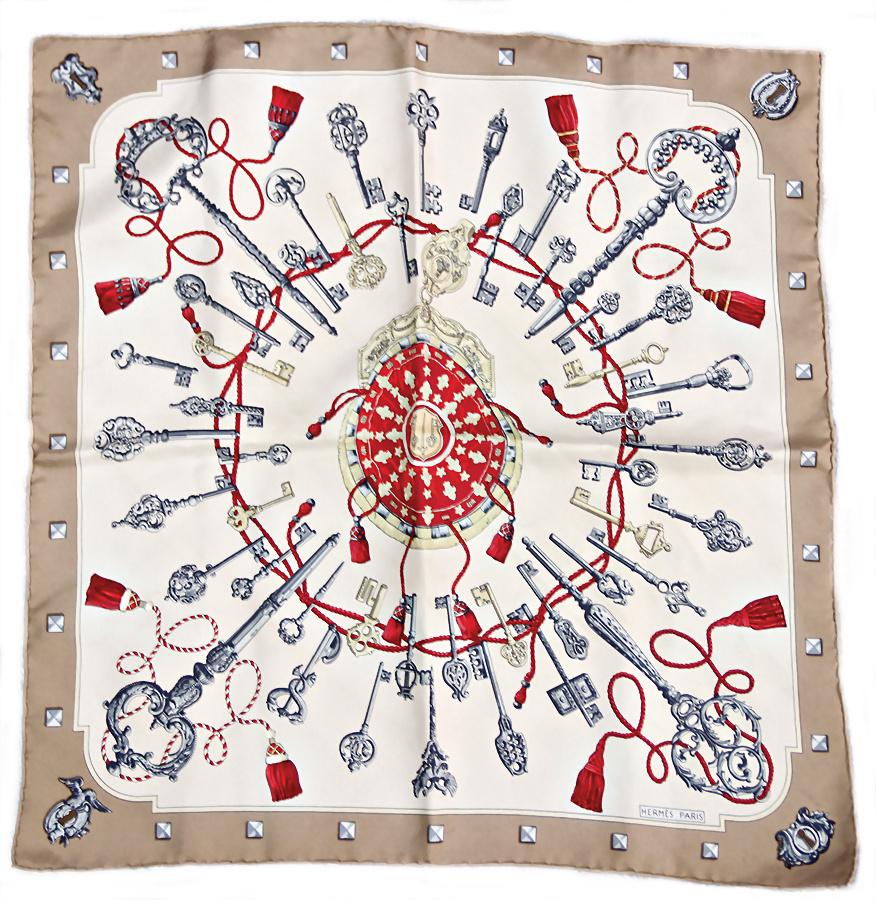 HERMÈS Paris, small silk scarf, key motif, no care tag,: HERMÈS Paris, small silk scarf, key motif, no care tag, taupe colored, 40 x 42 cm, hand rolled sides, partially with visible traces of usage German Description HERMÈS Paris, kl. Seidenhalstuch, Schl