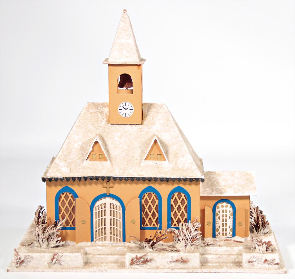 Kirche in Winterlandschaft, Kerzenhaus, Pappe, H: 37 cm: Kirche in Winterlandschaft, Kerzenhaus, Pappe, H: 37 cm