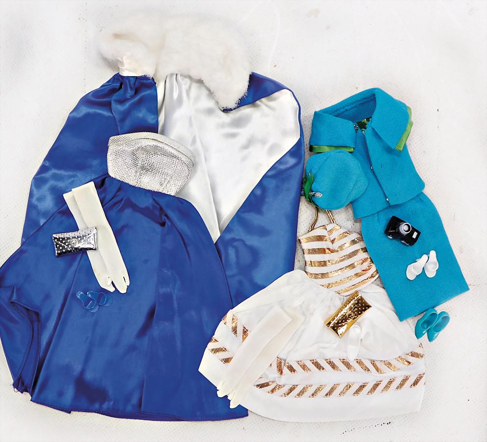 MATTEL 3x Barbie Outfit #1617 Midnight Blue, bis auf: MATTEL 3x Barbie Outfit #1617 Midnight Blue, bis auf Kette kompl., #1672 Club-Meeting, #1627 Country-Club-Dance, kompl.