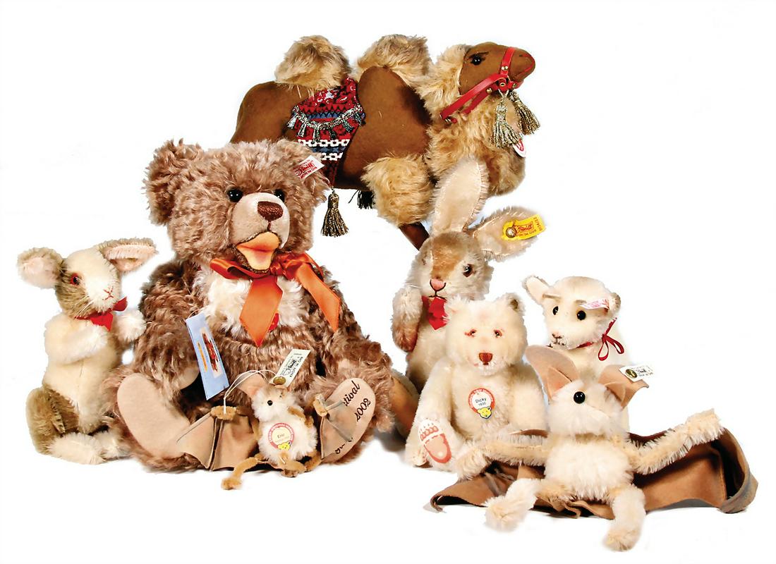 STEIFF Konv., neuere Produktion, Tiere u. Bären, kl.: STEIFF Konv., neuere Produktion, Tiere u. Bären, kl. Gr., 8 Teile, meist mit Knopf, Schild u. Fahne, sehr guter Zust.