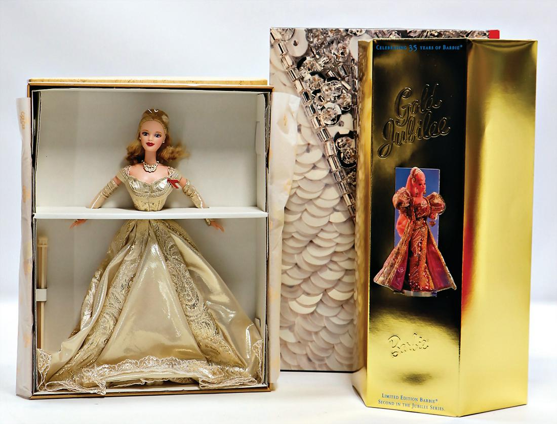 MATTEL Konv. Barbie, Gold Jubileé Barbie Doll Platinum,: MATTEL Konv. Barbie, Gold Jubileé Barbie Doll Platinum, 2 Bob Mackie, Golden Anniversary, neuw. im Orig.-Kart