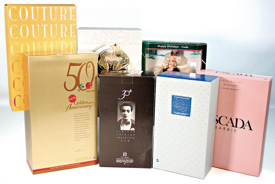 MATTEL Konv. Barbie, Couture Barbie, 30th Ken, 50: MATTEL Konv. Barbie, Couture Barbie, 30th Ken, 50 Golden Anniversary 1945-95, Escada Barbie, Classique Midnight Gala Barbie, Blue Rhapsody 1986, Happy Holiday Barbie, Gala, neuw. im Orig.-Kart.