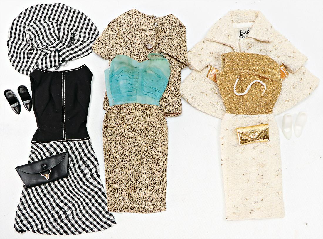 MATTEL Konv. Barbie, Outfits, 3 Teile, Outfit # 1652,: MATTEL Konv. Barbie, Outfits, 3 Teile, Outfit # 1652, Pretty as a Picture, Outfit # 1647, Gold and Glamour, nicht kompl., Outfit # 1644, Handschuhe fehlen, Kette defect