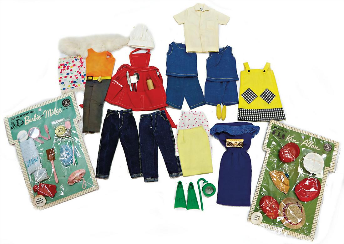 MATTEL Barbie, Outfits, Kragen, Röcke, Schürzen, Jeans,: MATTEL Barbie, Outfits, Kragen, Röcke, Schürzen, Jeans, Taschen, Hüte, Kleinteile, reichh., meist Mitte 60er Jahre, guter Zust.