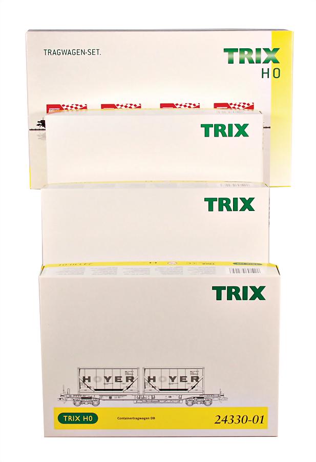 TRIX Konv. H0, 4 Artikel, diverse Güterwagen wie: TRIX Konv. H0, 4 Artikel, diverse Güterwagen wie Containerwagen, Tragwagen-Set, Artikel-Nr. 24357, 24330-01, -02, -03, im Orig.-Kart., neuw. Zust.