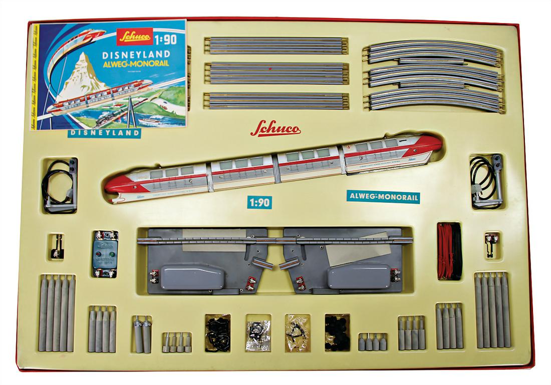 SCHUCO Disney Land, Allweg-Monorail, 6333 S, red,: SCHUCO Disney Land, Allweg-Monorail, 6333 S, red, 4-part suspension railway, almost without damage, in original box, with many accessories and manual German Description SCHUCO Disney Land, Allwe