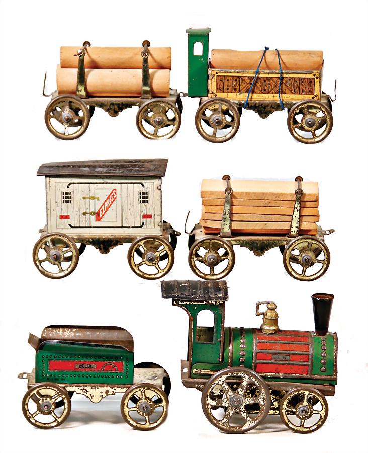 bottom runner, age-old, locomotive with tender, 18.5: bottom runner, age-old, locomotive with tender, 18.5 cm, funnel was new fixed, hook at tender is missing, along with it 4 freight waggons, 1 coupling hook is missing, used, good, collection Katz Germa